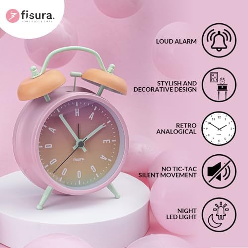 Fisura – Reloj Despertador analógico Degradado sin Tic-TAC. Reloj Despertador con luz de Led Nocturna. Reloj Despertador con Mensaje. 11,7x5,5x16. Metal