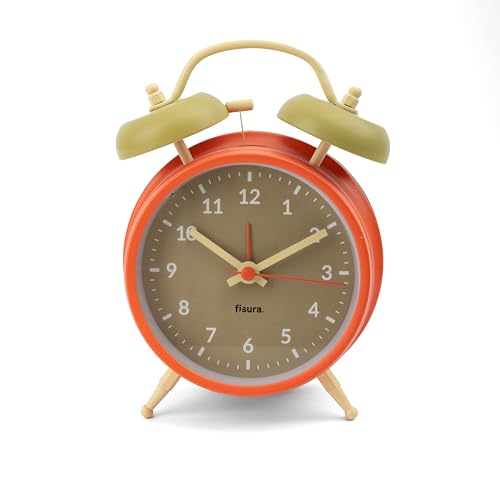 Fisura – Reloj Despertador analógico Beige y Naranja sin Tic-TAC. Reloj Despertador con luz de Led Nocturna. Esfera 9 centímetros.11,7x5,5x16. Metal.