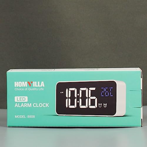 HOMVILLA Reloj Despertador Digital con Pantalla LED de Temperatura, Alarma de Espejo Portátil con Alarma Doble Tiempo de Repetición 4 Niveles de Brillo Regulable 10 Música Despertadores Digitales