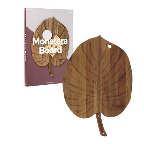 DOIY - Tabla de Cortar y Servir - Tabla de Madera para Quesos - Diseño de Hoja de Planta Monstera - Incluye 1 Cuchillo para Cortar - Accesorios de Cocina Originales - Tabla de Cocina - 41x28x1,5 cm