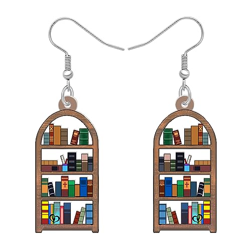LONYOO Acrílico Pendientes Libro Colgante Joyería Divertido Estantería de Libros Volver a la Escuela Regalos para Profesores Mujer Niña Niños Charms (Estantería)