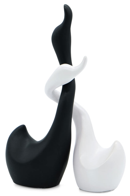 Pareja de cisnes de cerámica en Blanco y Negro - Escultura compuesta por Dos cisnes - Figura Decorativa de 23 cm de Altura - Cisne de la Suerte y la armonía