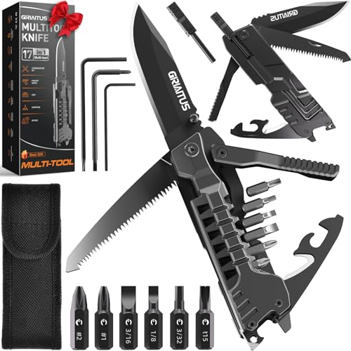 herramientas multiusos Cuchillo 17-en-1 con Palillos para Encender Fuego, Abrelatas, Sierra, Silbato, Perfecto para Acampar, al Aire Libre, Supervivencia y Uso Diario - Regalos para Hombres, Papá