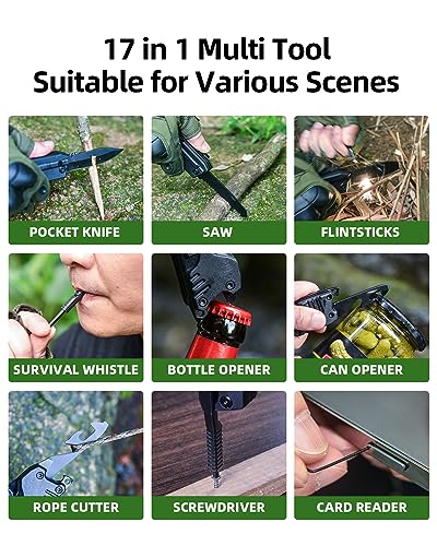 herramientas multiusos Cuchillo 17-en-1 con Palillos para Encender Fuego, Abrelatas, Sierra, Silbato, Perfecto para Acampar, al Aire Libre, Supervivencia y Uso Diario - Regalos para Hombres, Papá