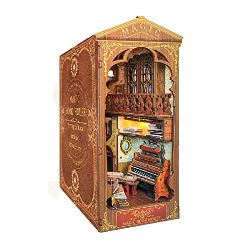 Cuteefun Book Nook Kit, Kit de Casa de Muñecas en Miniatura de Madera con LED, Decoración de Inserción de Estantería de DIY, Kit de Manualidades para Adultos (Librería Mágica)