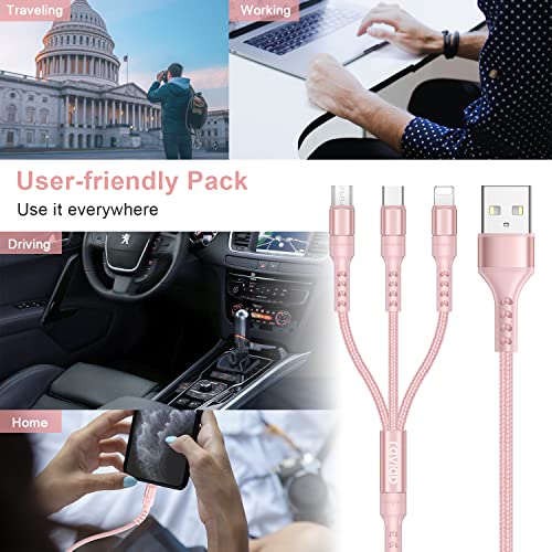 RAVIAD 3 en 1 Multi Cable de Carga 1.2M, Multi USB Cargador Nylon Cable Múltiples Micro USB Tipo C Compatible con Android Samsung Galaxy S10/S9/S8/S7, Huawei P30/P20, Redmi, OnePlus- Rosa