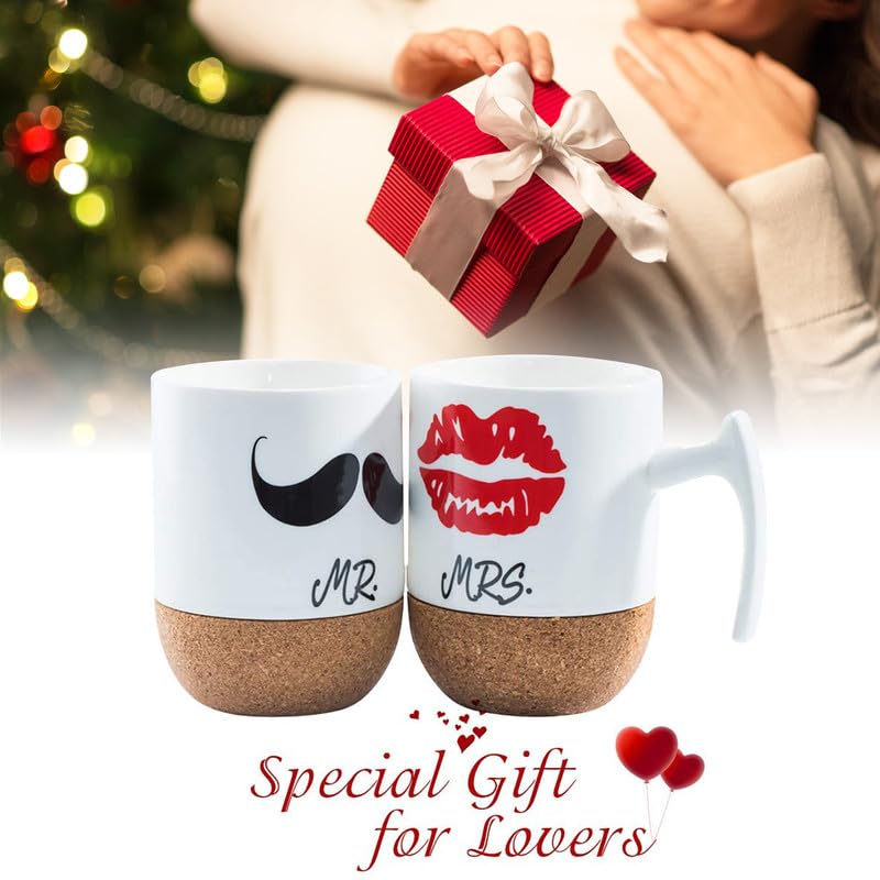 Love-KANKEI Tazas de Mr y Mrs de Cerámica con Fondo de Corcho, Tazas de Cafe Juego de 2 con 300ml, Tazas Desayuno como Regalo Ideal para Bodas, San Valentín, Cumpleaños