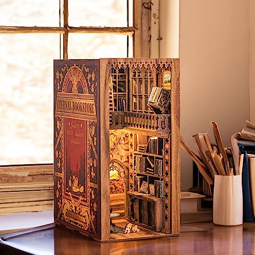 CUTEBEE DIY Book Nook Kit - Casa de muñecas en Miniatura de Madera con Muebles y Luces LED, Decoración de inserción de estantería Creativa, Eternal Bookstore