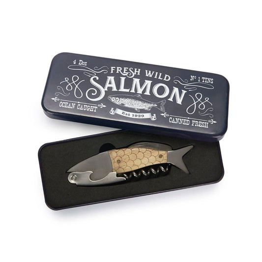 Balvi Sacacorchos Wild Salmon Abrebotellas y Herramienta multifunción con Caja metálica Acero/Madera