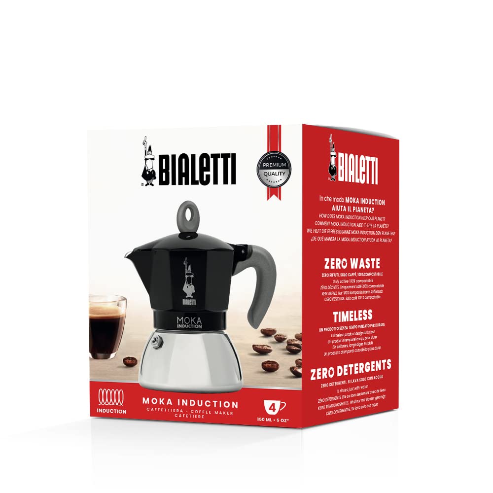 Bialetti - Moka induction, olla para moka, adecuada para todo tipo de cocinas, 4 tazas de espresso (150 ml), negra