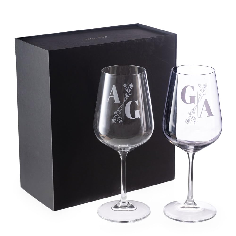 Wanapix | Pack 2 Copas de Vino Personalizadas | Estuche de Regalo Incluido | Copa de Cristal Grabada para Vino | Con Nombre o Texto | Pack de Copas de Cristal | Iniciales