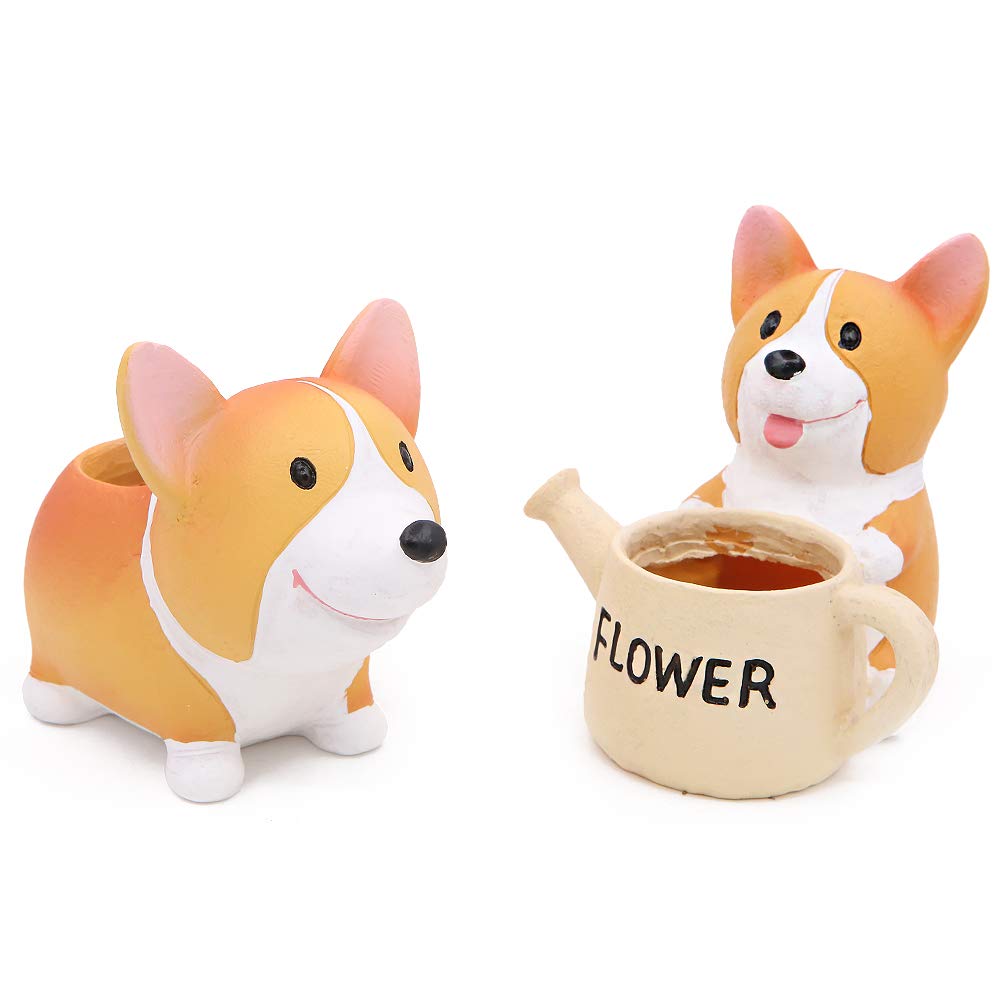 Juego de 2 macetas con forma de perro Corgi para suculentas, macetas pequeñas para decoración de jardín