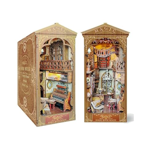 Cuteefun Book Nook Kit, Kit de Casa de Muñecas en Miniatura de Madera con LED, Decoración de Inserción de Estantería de DIY, Kit de Manualidades para Adultos (Librería Mágica)