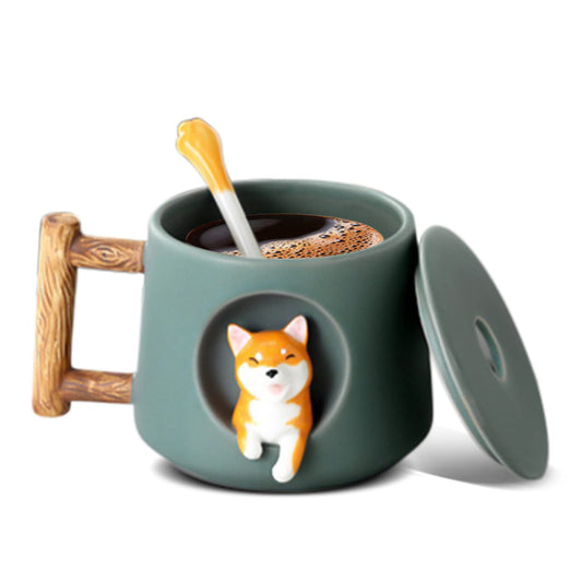 Nizirioo Taza café dulce Shiba Inu Taza café 420 ml Taza té de cerámica con tapa y cuchara Perros Cerámica Tazas café Lindo Corgi Dog Tazas café Taza de cerámica para amantes de los perros