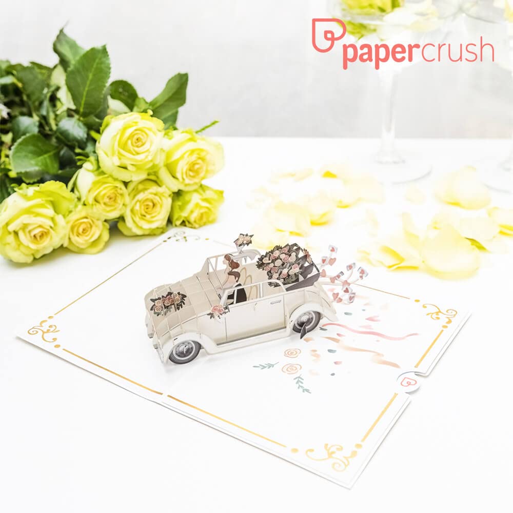 papercrush® Tarjeta desplegable de coche de boda – Tarjeta de boda 3D con coche "Just Married", elegante tarjeta de felicitación para boda y matrimonio, regalo de dinero para viajes de boda