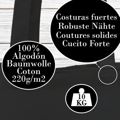 Loxato Tote Bag Negra - Bolsa Tela Negra - Bolsa de Algodón 100% - Tote Bag Tela - Bolso Shopper Mujer Negro - Bolsas de Tela Bonitas - Bolso de Tela Negro - Bolsas Reutilizables Compra Algodón