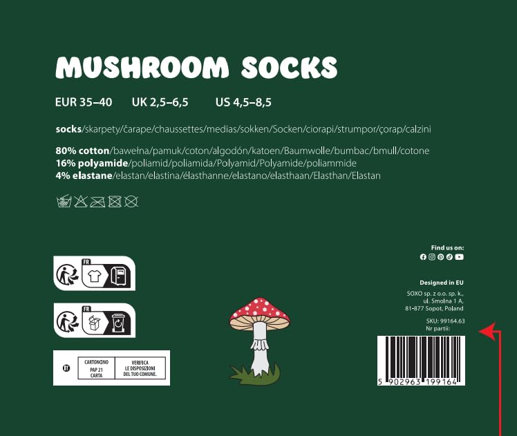 soxo Recolector Setas Calcetines Mujer Divertidos Regalos Para Hombre Originales Regalo 35-40 Mushroom 4 Pares