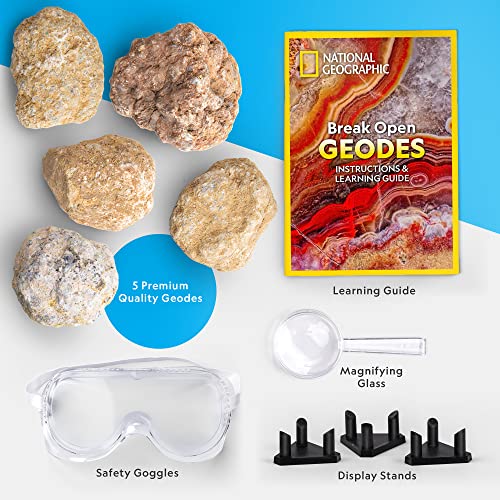 National Geographic Break Open 5 Geodas Jumbo - Kit de Ciencia de la Tierra con 5 Geodas Extra Grandes con Cristales, Gafas y Soportes de Exhibición, Regalos de Ciencia, Cosas Divertidas para Niños