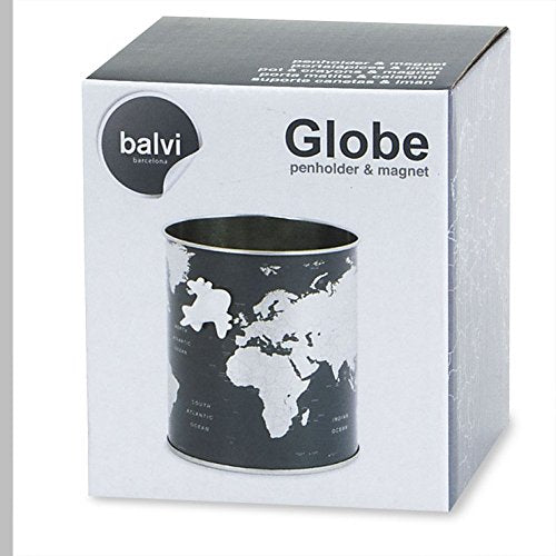 Balvi Portalápices Globe Color Gris Diseño Mapa del Mundo, Incluye avión magnético Lata 10x8,5x8,5 cm