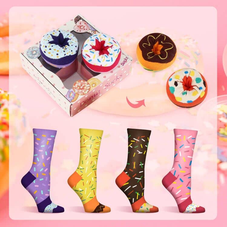 Calcetines Donuts Mujer Niñas Divertidos-Personalizados Originales Dibujos Estampados Graciosos Frikis Colores Arte-San Valentin Regalos Originales Cumpleaños para Mujer Joven Chicas Jovenes-4 Pares