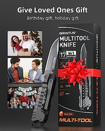 herramientas multiusos Cuchillo 17-en-1 con Palillos para Encender Fuego, Abrelatas, Sierra, Silbato, Perfecto para Acampar, al Aire Libre, Supervivencia y Uso Diario - Regalos para Hombres, Papá