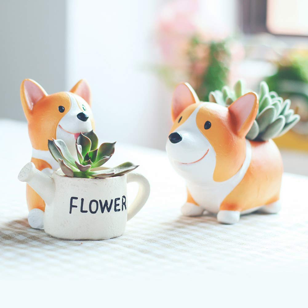 Juego de 2 macetas con forma de perro Corgi para suculentas, macetas pequeñas para decoración de jardín