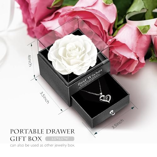 GOICC Rosa Eterna Natural Preservada con Collar Regalos Originales para Mujer Mama Novia Hermana Abuela Caja Regalo (Blanco)