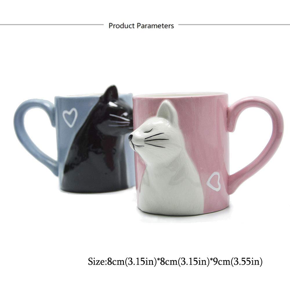 MengCat Gato Tazas de café par, conjunto de tazas de té de cerámica únicas, taza de boda para la novia y el novio,Beso Regalo a juego para aniversario, compromiso, día de San Valentín, cumpleaños