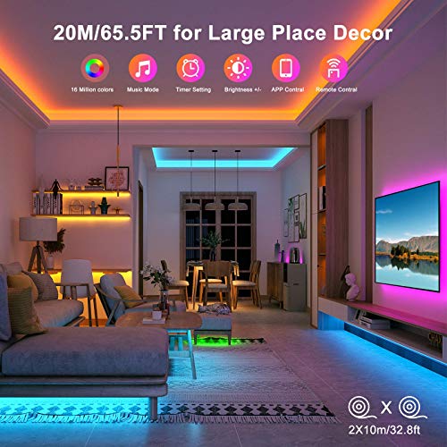 TVLIVE Tira LED, Luces LED Habitación 20 metros, LED Strip lights RGB, Sincronización Musical Bluetooth, 28 Modos, Control de Remoto 40 Botones y App, Luces de Tiras Led Para Fiesta Hogar TV Bar