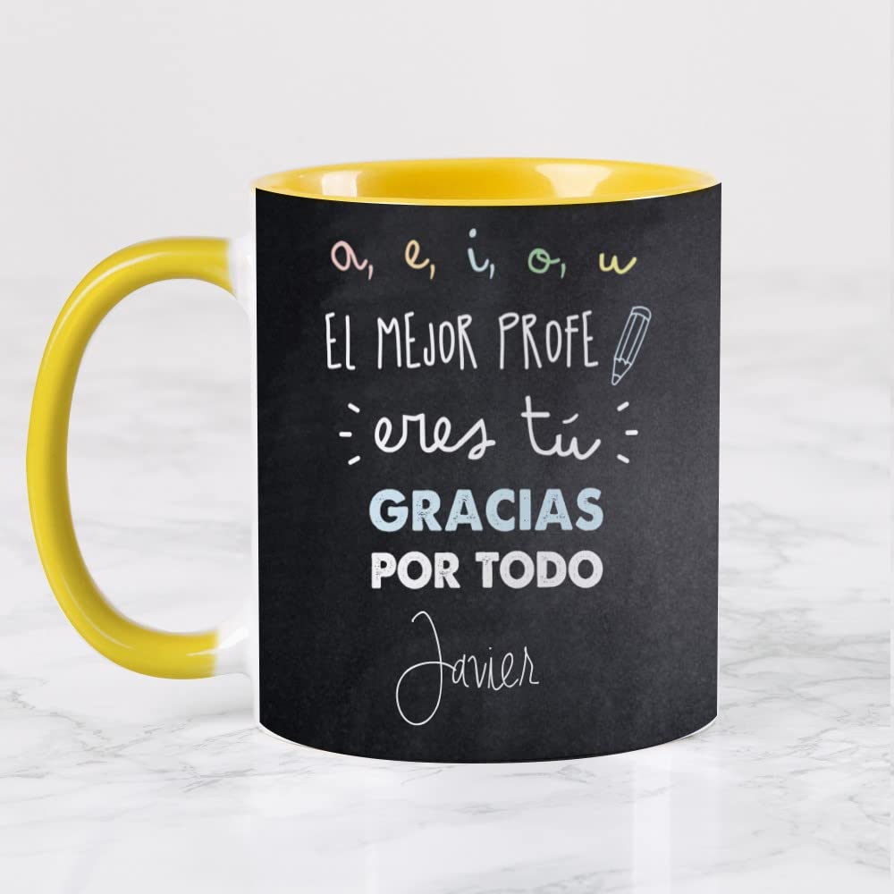 Wanapix | Taza Personalizada para Profesores | Personalizable con Nombre o Texto| Detalle Maestra Infantil | Regalo para Profesores | Apta para Microondas | 325ml | Amarilla - Profesor Pizarra