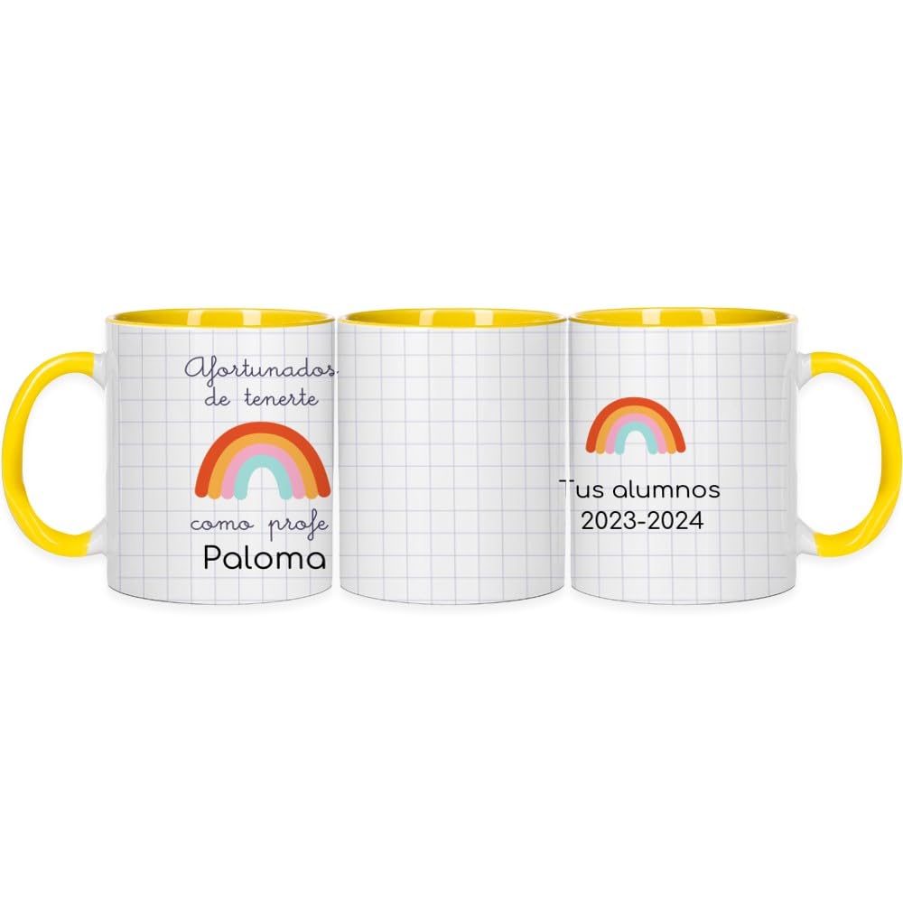 Wanapix | Taza Personalizada para Profesores | Personalizable con Nombre o Texto| Detalle Maestra Infantil | Regalo para Profesores | Apta para Microondas | 325ml | Amarilla - Afortunados Profe