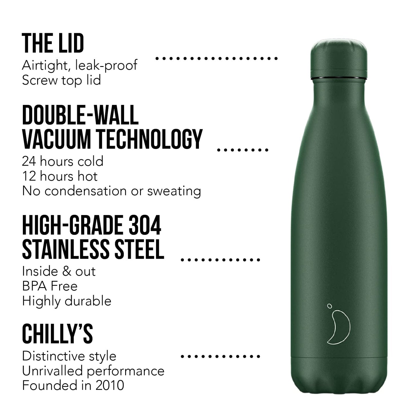 Chilly's Botella de Aqua - Acero Inoxidable y Reutilizable - Prueba de Fugas, Libre de transpiración - Matte - All Green - 750ml