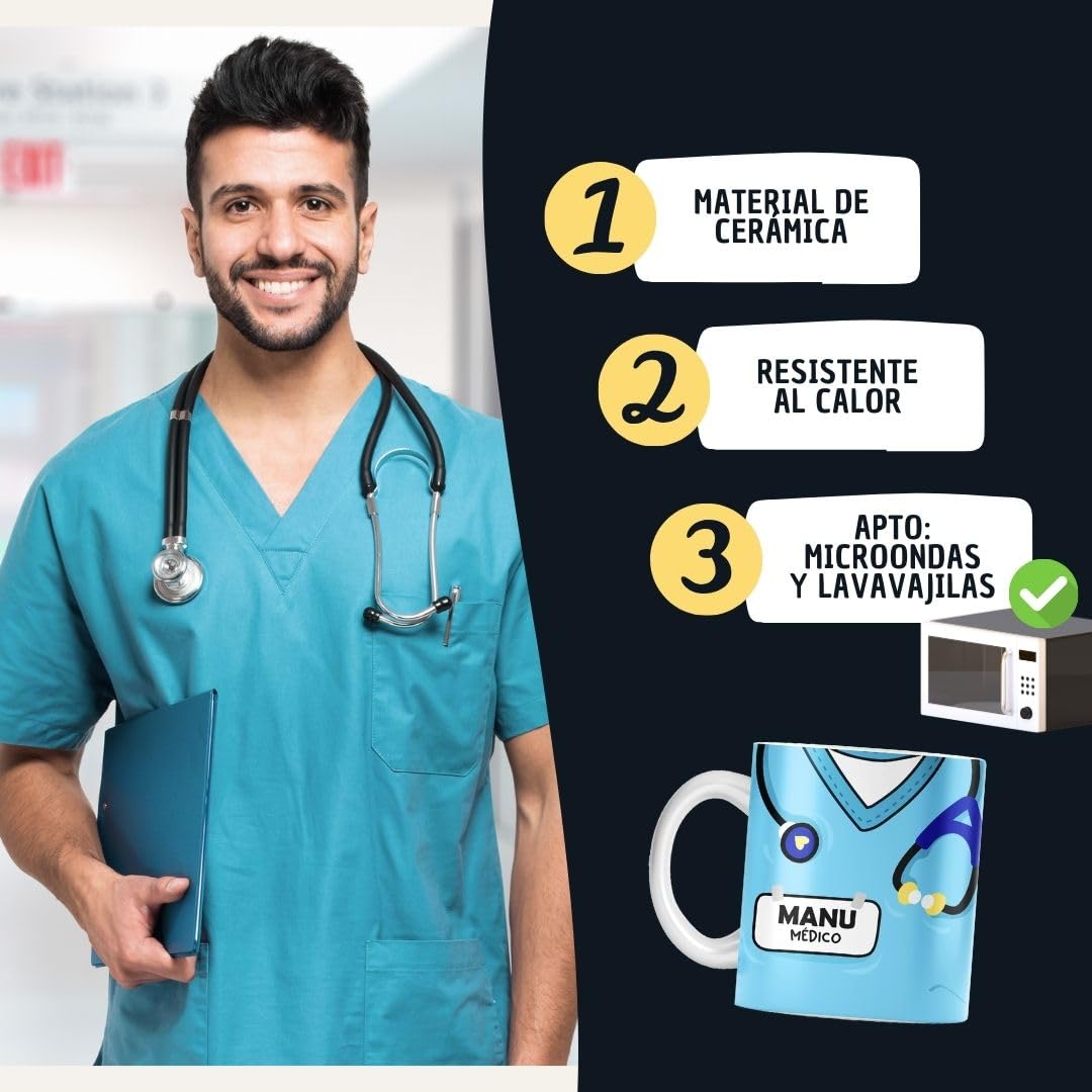 DEREGALOOS Taza Original Personalizada con Nombre | Taza para Regalar Uniforme TCAE Médico Enfermera Auxiliar Sanitarios | Taza de Desayuno Accesorios Médico | Regalos para Médicos