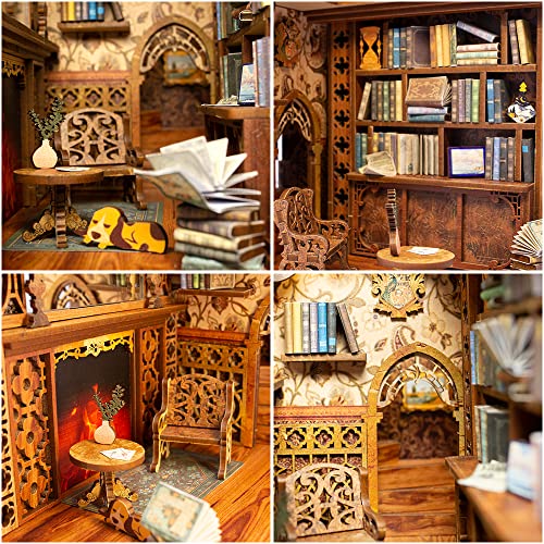 CUTEBEE DIY Book Nook Kit - Casa de muñecas en Miniatura de Madera con Muebles y Luces LED, Decoración de inserción de estantería Creativa, Eternal Bookstore