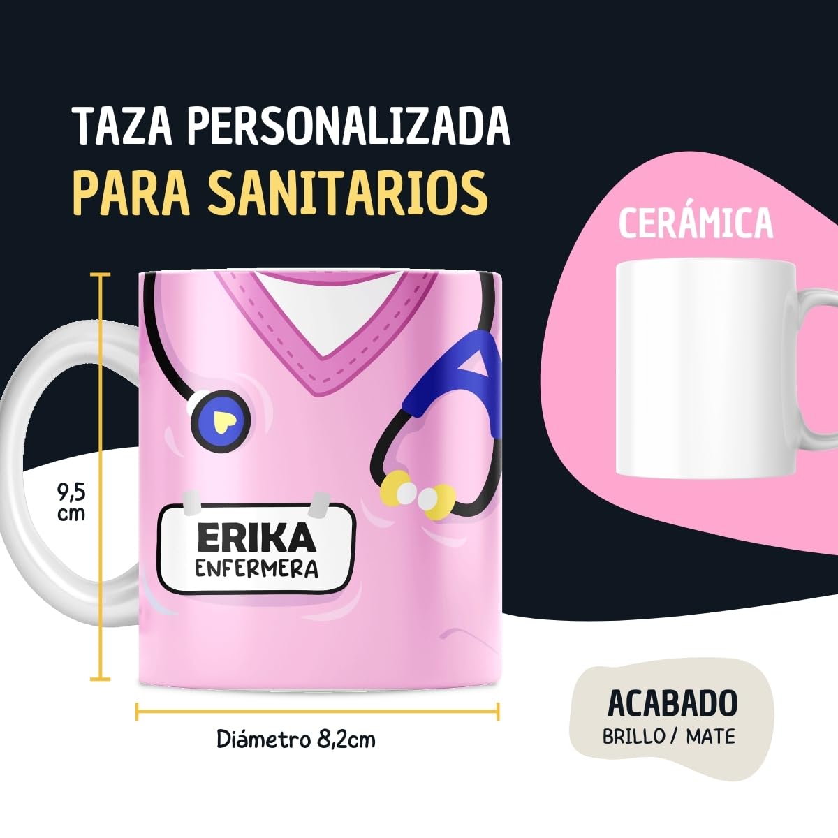 DEREGALOOS Taza Original Personalizada con Nombre | Taza para Regalar Uniforme TCAE Médico Enfermera Auxiliar Sanitarios | Taza de Desayuno Accesorios Médico | Regalos para Médicos. (Rosa)