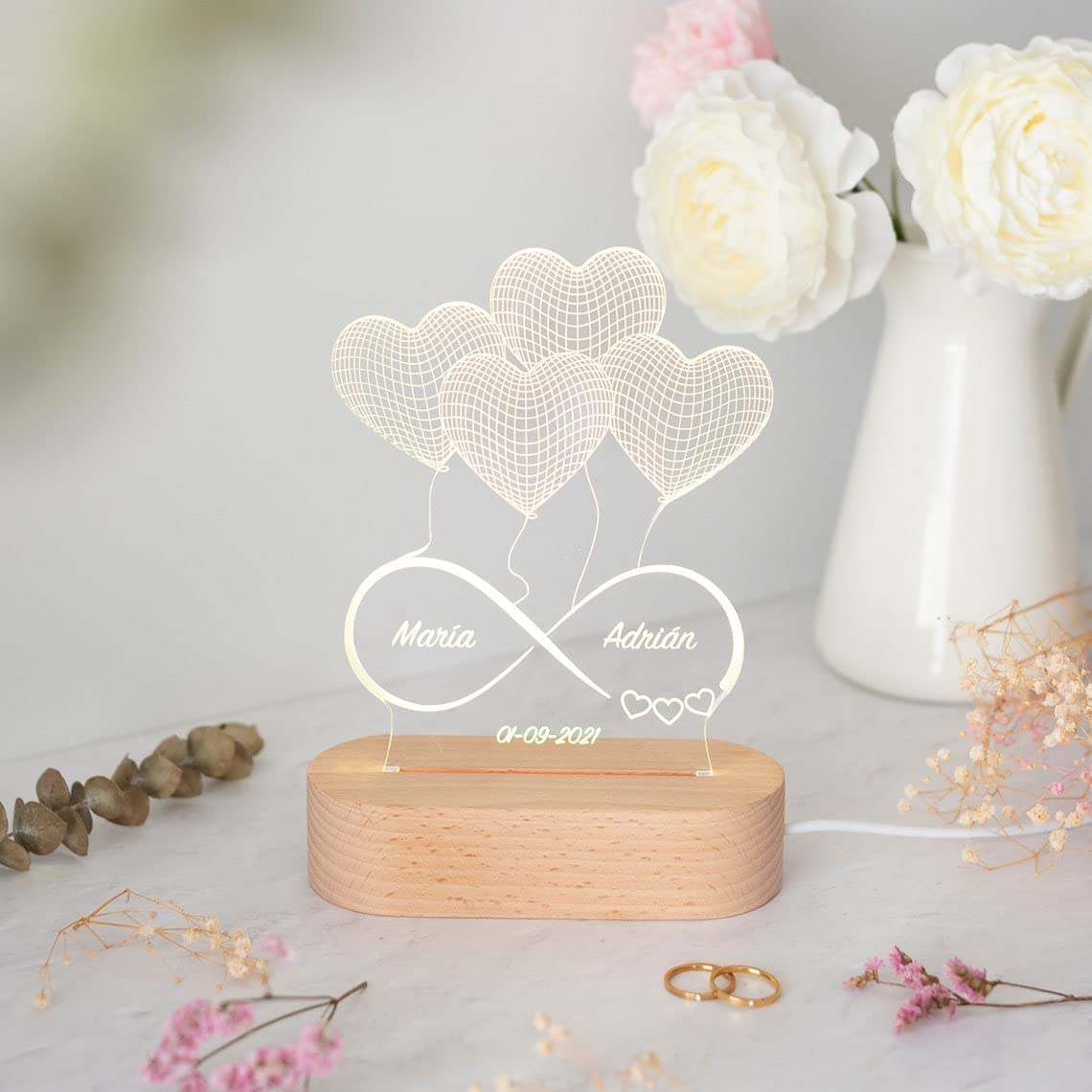 Transparent Gift Lámpara del Amor Personalizada Infinito con Corazones. Con Nombre Pareja y Fecha. Regalos Originales para San Valentín, Bodas, Cumpleaños. Metacrilato y Madera