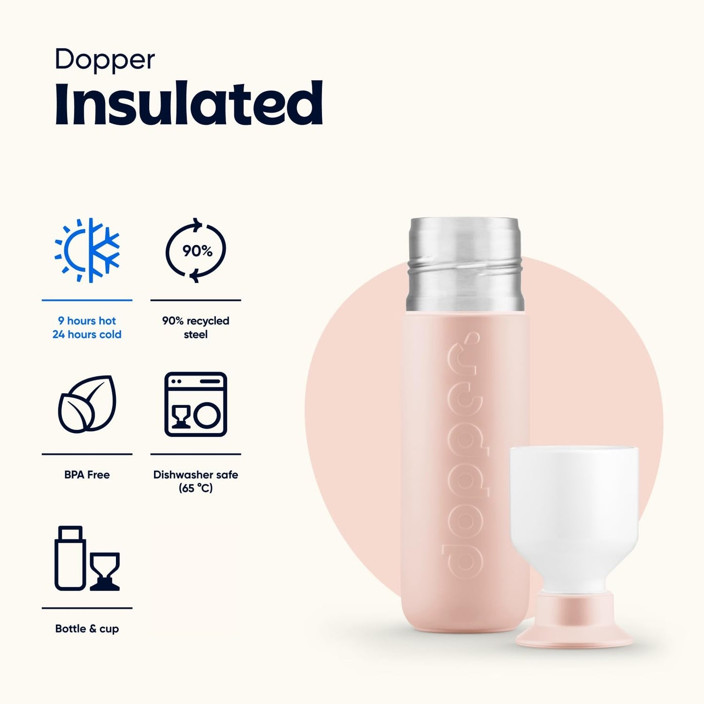 Dopper Insulated Pebble Peach - Termo de acero inoxidable (350 ml, para café, té, doble pared, a prueba de fugas, mantiene el frío durante 24 horas y el calor 9 h)