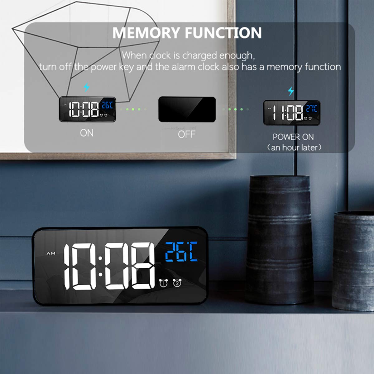 HOMVILLA Reloj Despertador Digital con Pantalla LED de Temperatura, Alarma de Espejo Portátil con Alarma Doble Tiempo de Repetición 4 Niveles de Brillo Regulable 10 Música Despertadores Digitales