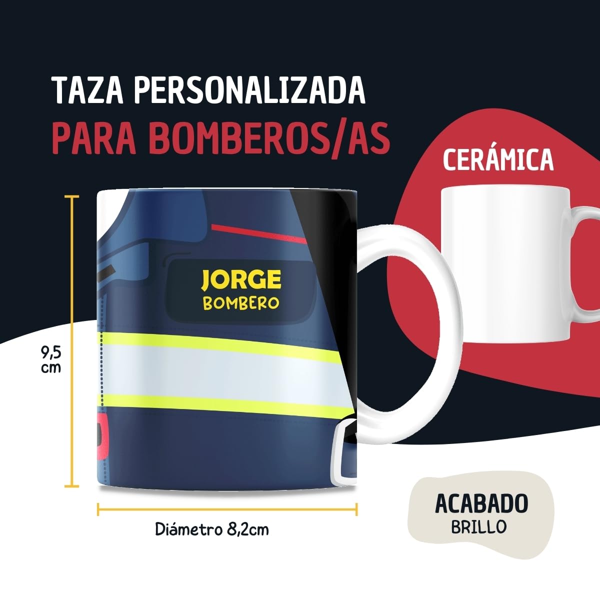 DEREGALOOS Taza Original Personalizada con Nombre | Taza para Regalar Uniforme Bombero y Bombera | Taza de Desayuno Accesorios para Bomberos | Regalos para Bomberos.