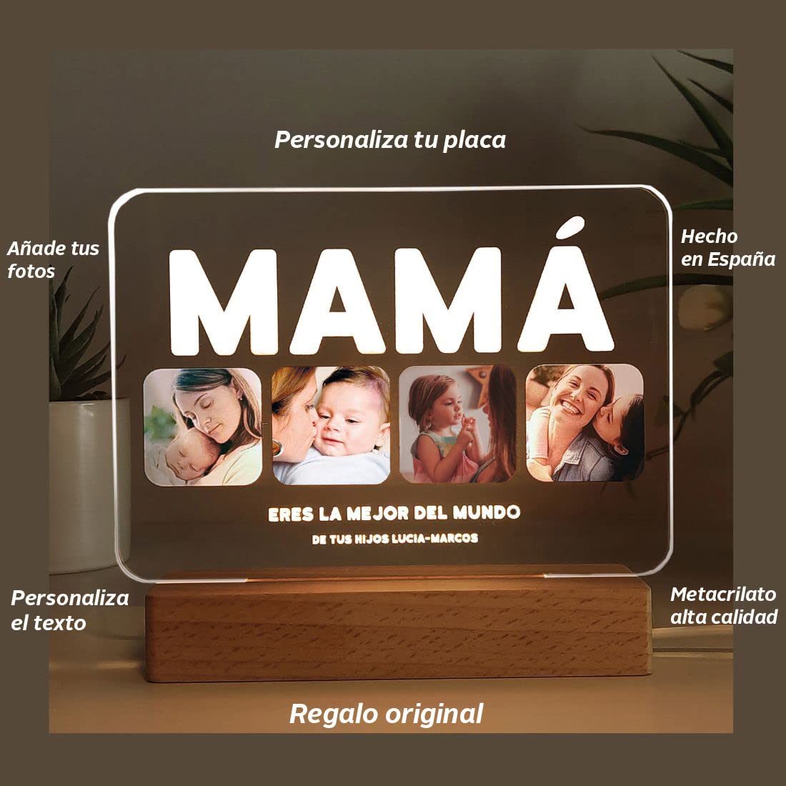 Transparent Gift Lámpara Personalizada Mamá Con Fotos y Frase. Regalo Día de la Madre, Regalo Cumpleaños Mujer. Ideas Regalos Originales para Mamá. Diseño Palabra Mamá en Placa Metacrilato con Luz