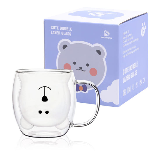 SHENDONG Tazas de oso lindo Oso de tazas lindo Taza de café con mango Taza de leche de 8.5 ozTazas de café expreso de vidrio aislante de doble paredRegalo de cristal para el cumpleaños personal