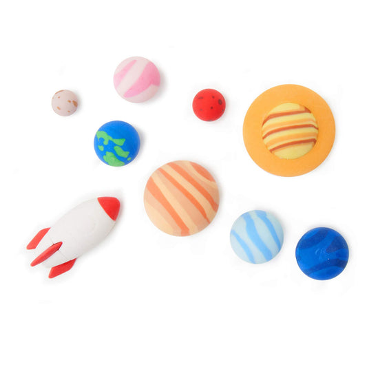 Legami - Solar System - Juego de 9 gomas de borrar de 0,8 x 3,5 cm, con forma de cohete, planetas, sol, para borrar con precisión