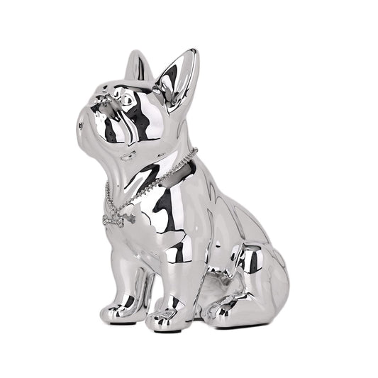 suruim Bulldog Inglés de Resina Estatua Francesa Escultura Decoración del Hogar Figuras Coleccionables Arte Estatua Perro Artesanía de Resina Salón Decoración de Escritorio (Plata, L)