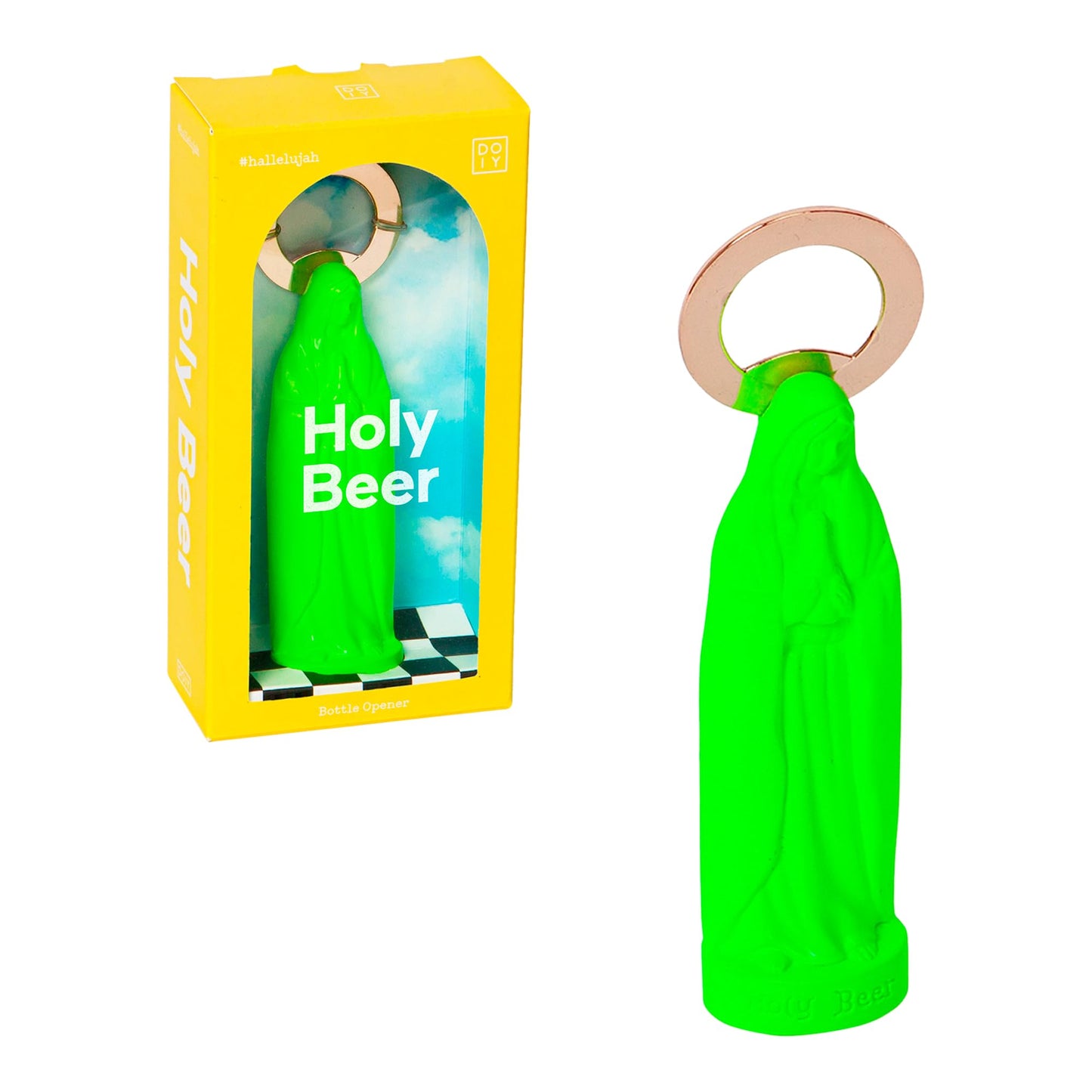 DOIY - Abridor de Botellas - Diseño con Virgen de la Cerveza - Abrebotellas de Metal - Estilo Divertido - Práctico y Funcional - Agarre Ergonómico - Color Verde - 14x3,5x3 cm