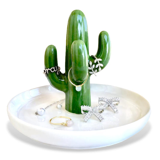 Cactus Plato de soporte de anillo para joyería, Bandeja de cerámica suculenta de joyería Pantalla del organizador para Decoración del hogar y cumpleaños Boda Regalos de inauguración para mamá, Amigos