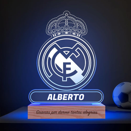 Transparent Gift Lámpara Personalizada Equipos Fútbol. Regalos Originales Cumpleaños Infantiles.Regalos para Hombres, Día del Padre. Diseño Escudo Real Madrid de Metacrilato y Madera