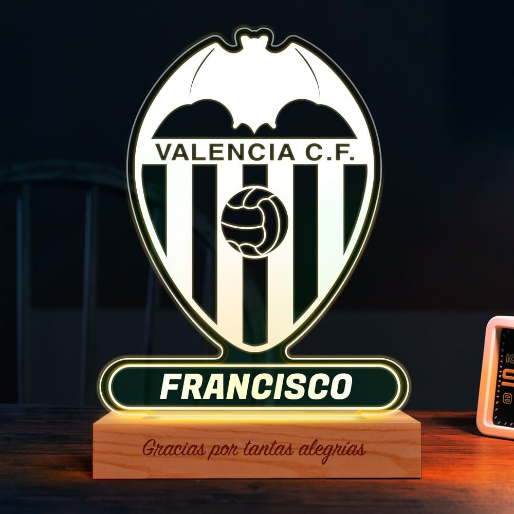 Transparent Gift Lámpara Personalizada Equipos Fútbol. Regalos Originales Cumpleaños Infantiles. Regalos para Hombres, Día del Padre. Diseño Escudo Valencia de Metacrilato y Madera. Luz LED