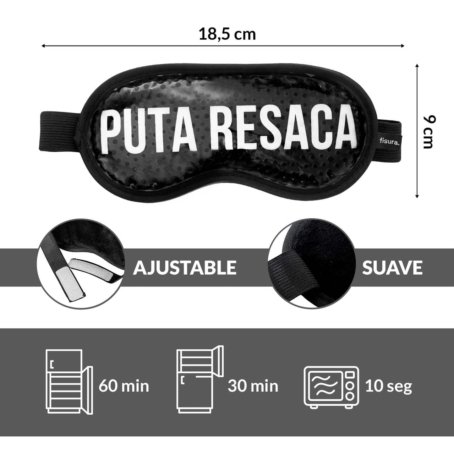 FISURA – Antifaz gel frio “P*ta Resaca”. Antifaz frío para ojos negro. Máscara de gel para ojos hinchados y antiojeras. Máscara de ojos refrescante con mensaje. 18,5 cm x 9 cm