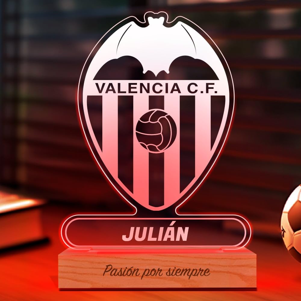 Transparent Gift Lámpara Personalizada Equipos Fútbol. Regalos Originales Cumpleaños Infantiles. Regalos para Hombres, Día del Padre. Diseño Escudo Valencia de Metacrilato y Madera. Luz LED