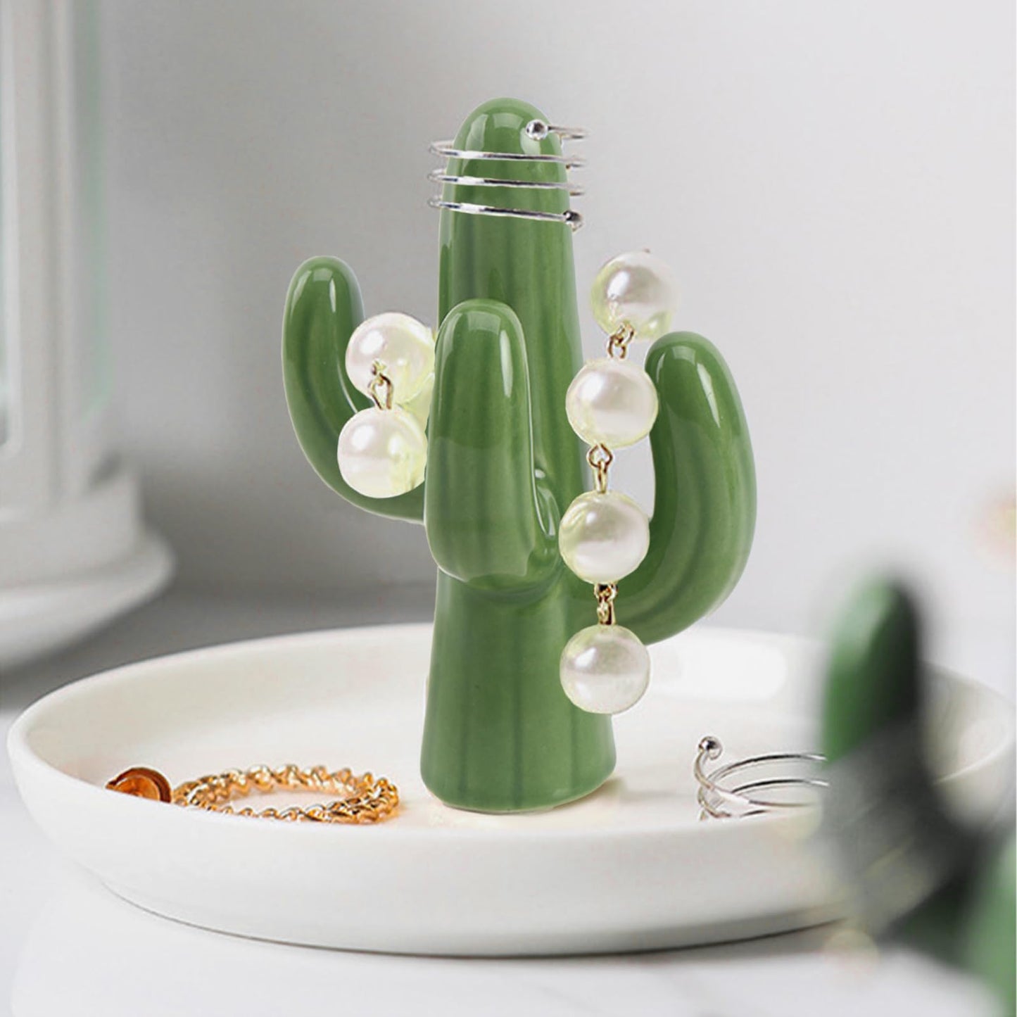 Cactus Plato de soporte de anillo para joyería, Bandeja de cerámica suculenta de joyería Pantalla del organizador para Decoración del hogar y cumpleaños Boda Regalos de inauguración para mamá, Amigos